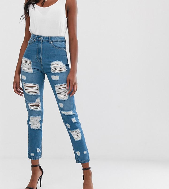 Parisian Tall High Waisted Jeans With Extreme Distressing Detail - Blue