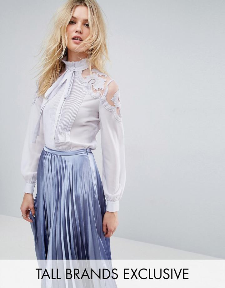 True Decadence Tall Premium Blouse With Lace Insert And Tie Neck Detail - Gray