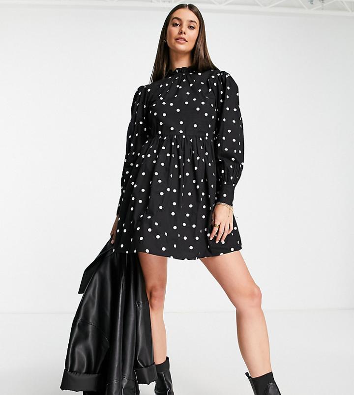 Violet Romance Tall Tiered Cotton Mini Dress In Black And White Polka Dot