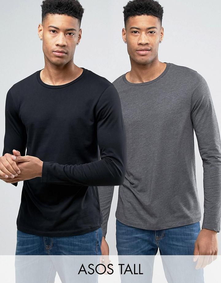 Asos Tall 2 Pack Long Sleeve T-shirt In Black/charcoal Marl Save - Multi