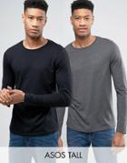 Asos Tall 2 Pack Long Sleeve T-shirt In Black/charcoal Marl Save - Multi