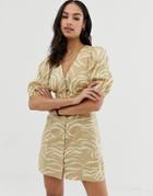 Asos Design Button Through V Front V Back Mini Dress In Natural Zebra-multi