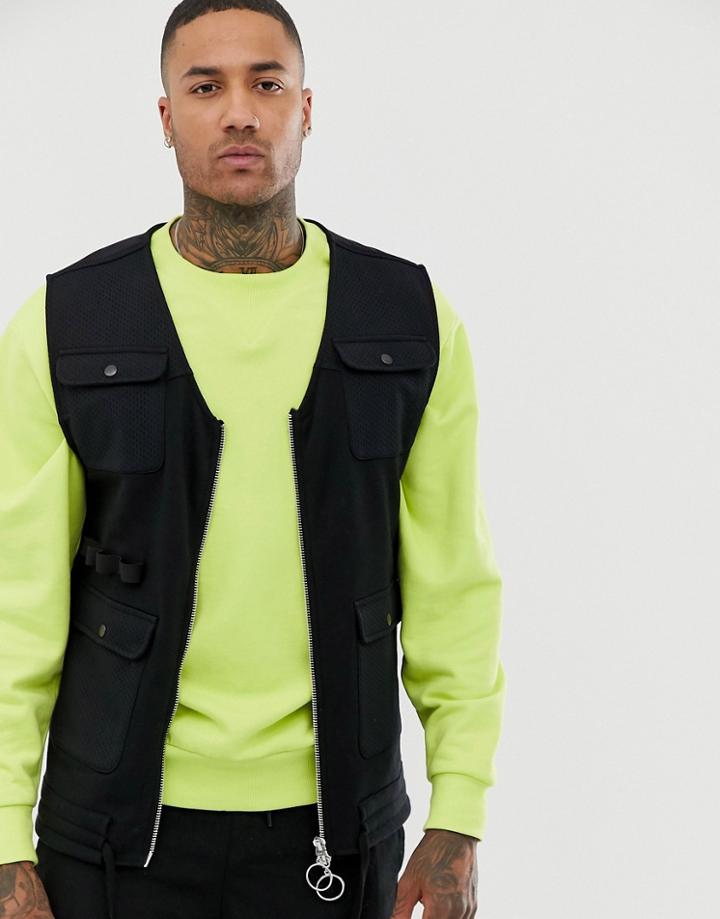 Asos Design Sleeveless Utility Vest With Pockets In Black - Black