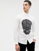 Twisted Tailor Skinny Fit Shirt With Monochrome Skull Print - White