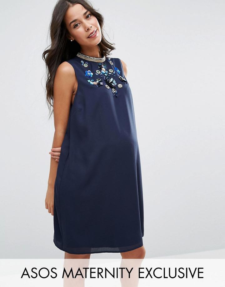 Asos Maternity Embellished Neck Dress - Blue