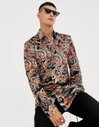 Jaded London Long Sleeve Shirt In Velvet Paisley Print - Black