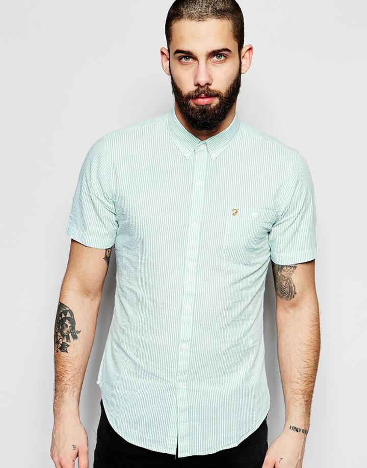 Farah Shirt With Seersucker Stripe Slim Fit Short Sleeves - Green