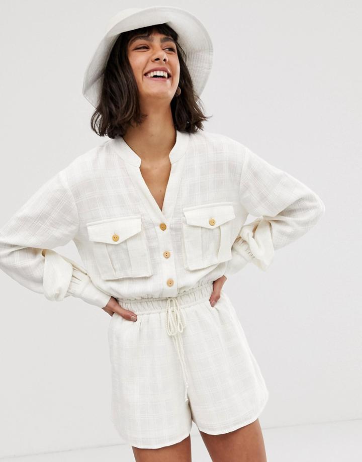 Asos Design Button Front Casual Textured Tie Waist Utility Romper With Pocket Detail - White