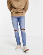 Asos Design Stretch Slim Jeans In Mid Wash Blue With Knee Rips-blues