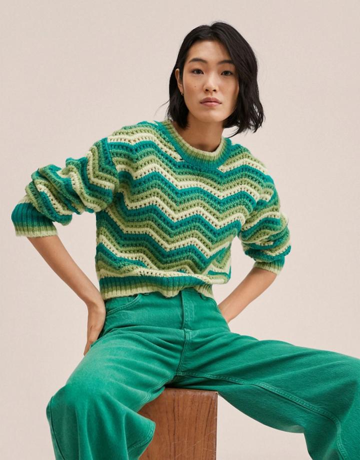Mango Retro Knit Crochet Sweater In Green