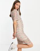 Vila Mini Dress With Gathering Detail In Pink Floral-multi