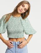 Fashion Union Top With Shirred Bodice And Volume Sleeves In Painted Floral-green