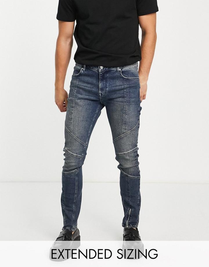 Asos Design Skinny Jeans In Dark Tinted Wash With Moto Detail And Hem Zip-blue