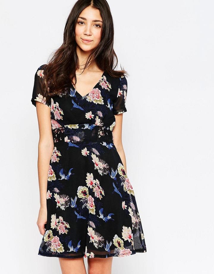 Yumi Floral And Bird Print Skater Dress - Multi