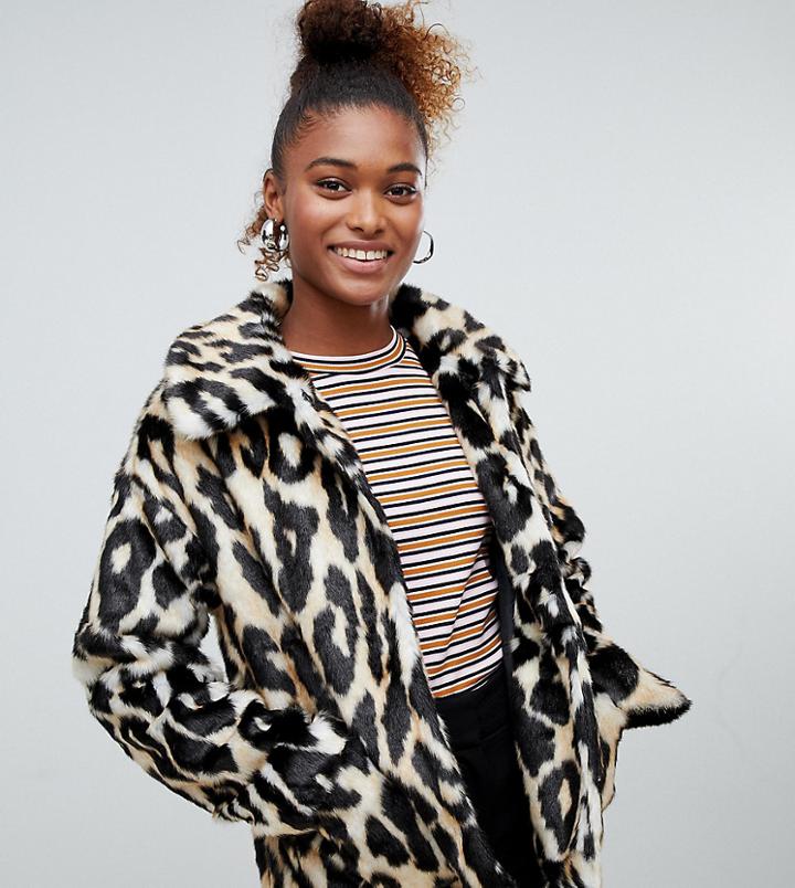 Monki Faux Fur Leopard Print Jacket In Brown - White