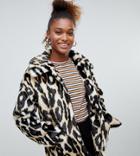 Monki Faux Fur Leopard Print Jacket In Brown - White