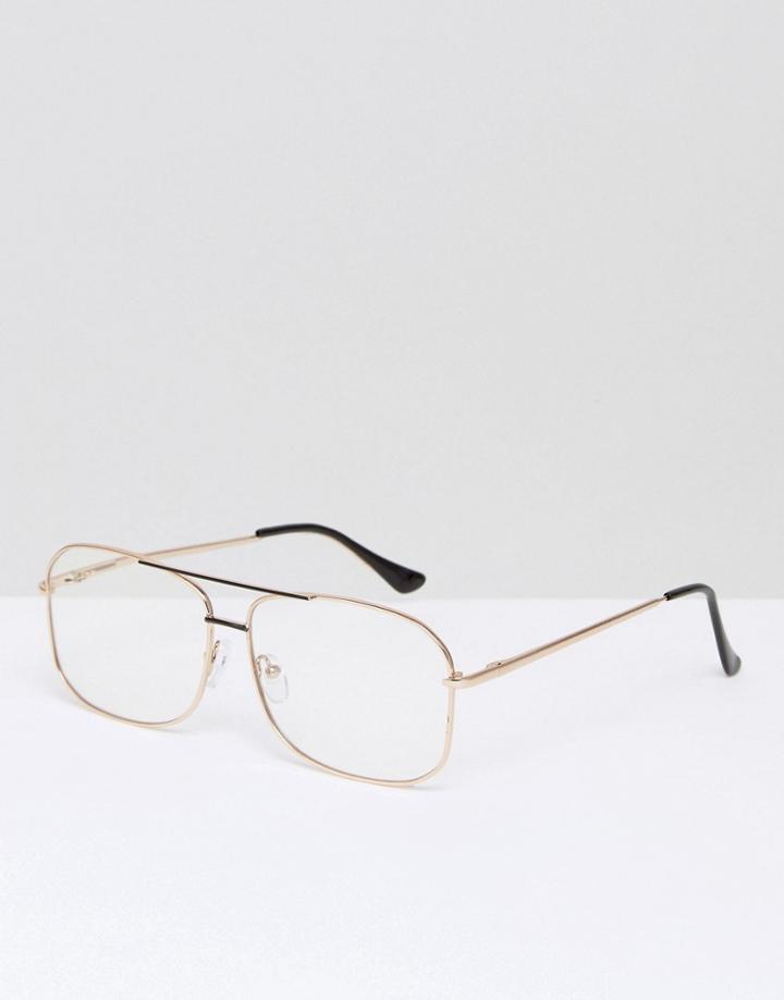 Asos Navigator Glasses In Gold & Black Metal With Clear Lens - Gold