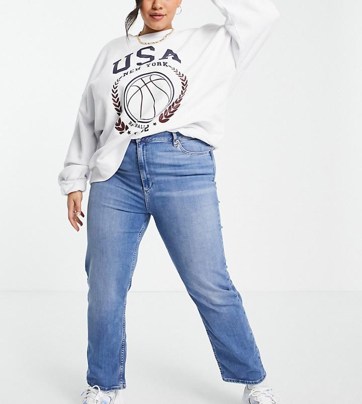 Asos Design Curve Sassy High Rise Cigarette Jeans In Bright Mid Wash-blues