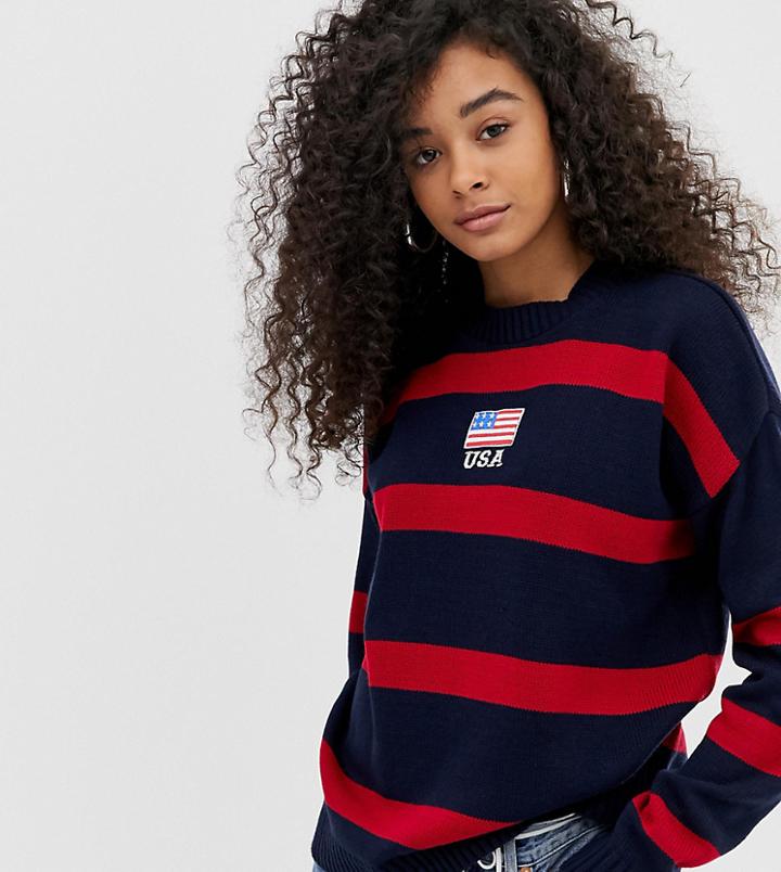 Daisy Street Sweater With Usa Embroidery In Contrast Stripe - Black