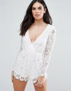 Love & Other Things Long Sleeve Wrap Front Lace Romper - White