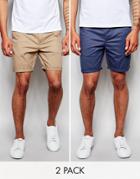 Asos 2 Pack Slim Chino Shorts In Mid Length - Stone