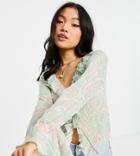 Asos Design Petite Sheer Long Sleeve Blouse With Ruffle Detail In Paisley Print-multi