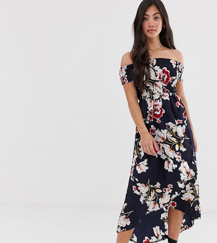 Parisian Petite Off Shoulder Midi Dress In Floral Print - Navy