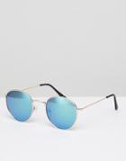 Asos Design Round Sunglasses In Rose Gold Metal With Blue Mirrored Lens - Gold