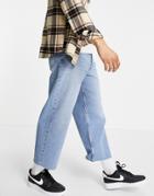 Asos Design Wide Crop Jeans In 90's Mid Wash With Raw Hem-blues