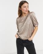 Pieces Plisse Puff Sleeve Top In Taupe-grey