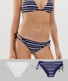 Dorina Valencia Two Pack Tie Side Bikini Bottom Set In Navy Stripe And White Crochet