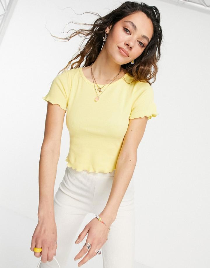 Asos Design Crop Fitted T-shirt With Lettuce Edge In Yellow