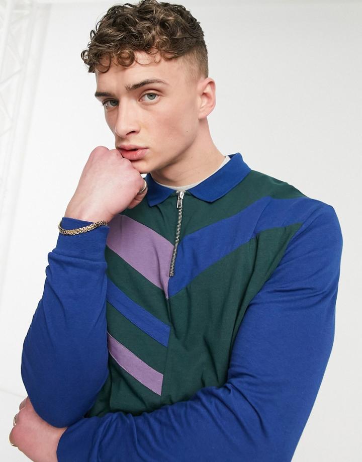 Asos Design Relaxed Long Sleeve Polo Shirt In Color Block-green