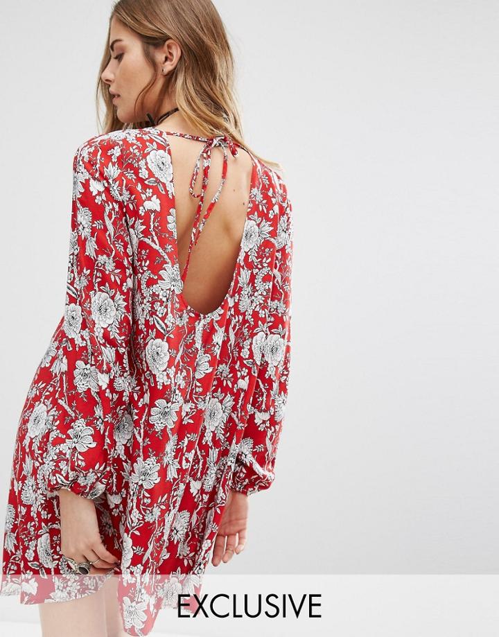 Reclaimed Vintage Open Back Swing Dress In Sparse Floral Print - Red