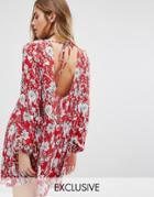 Reclaimed Vintage Open Back Swing Dress In Sparse Floral Print - Red