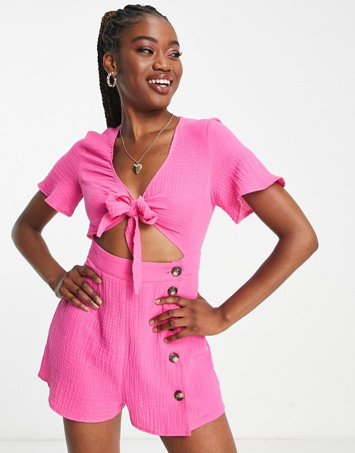 Asos Design Knot Front Button Detail Romper In Pink