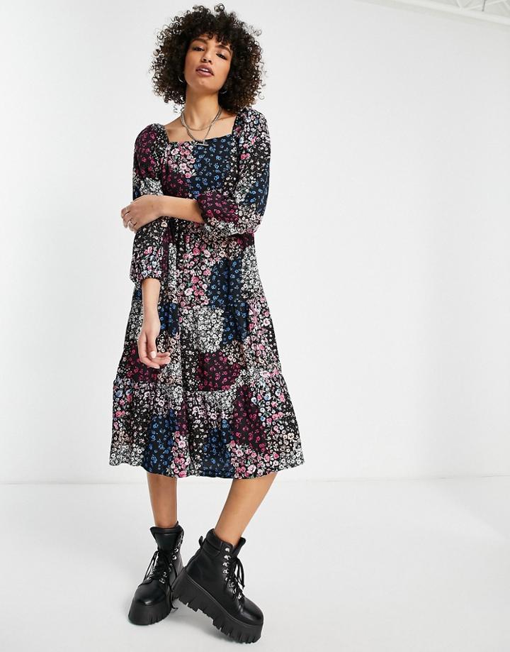 Violet Romance Square Neck Tiered Midi Dress In Patchwork Floral Print-multi