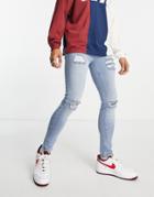 Asos Design Spray On 'vintage Look' Jeans With Power Stretch In Light Wash Blue With Heavy Rips-blues