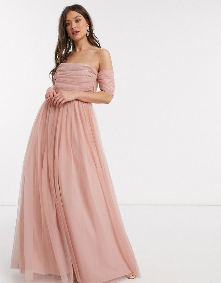 Asos Design Tulle Scatter Sequin Maxi Dress-pink
