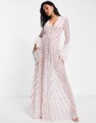 Starlet Plunge Embellished Maxi Dress With Faux Feather Cuffs In Baby Pink