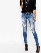 Noisy May Eve Low Rise Destroyed Skinny Jeans - Blue