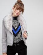 New Look Faux Fur Collar Suedette Biker Jacket - Gray