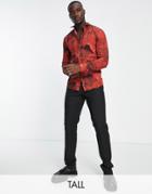 Twisted Tailor Tall Cates Revere Collar Shirt In Burgundy Distorted Print-red