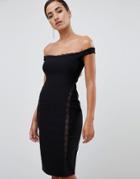 Vesper Lace Underlay Bardot Bodycon Midi Dress In Black - Black