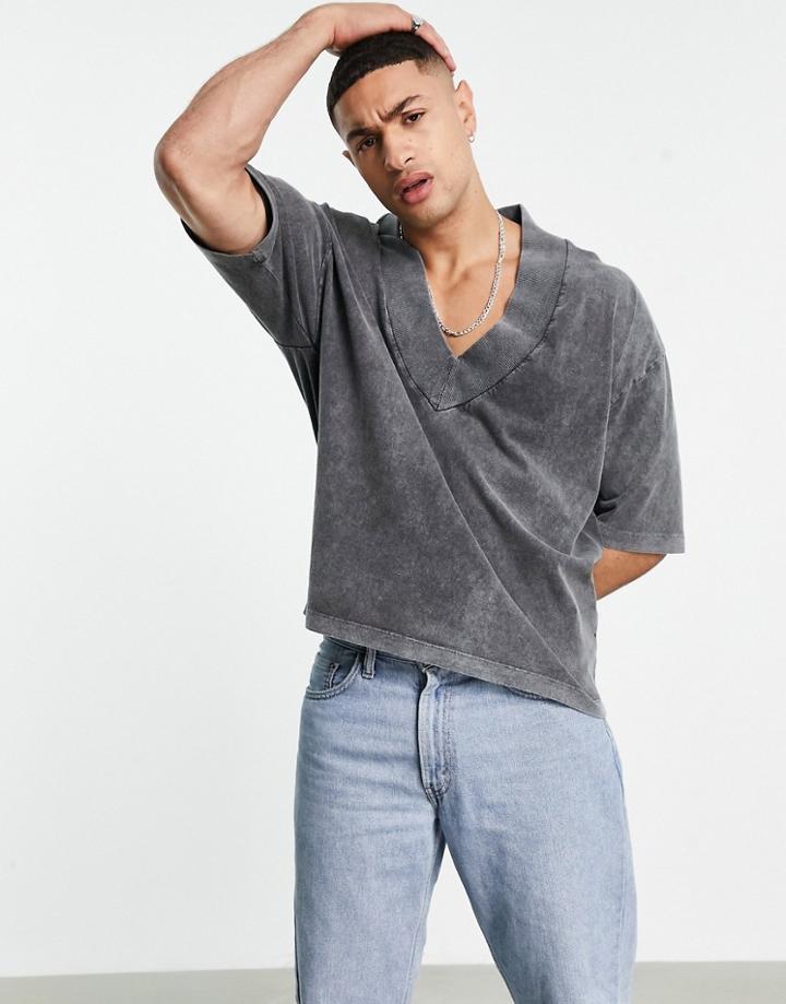 Asos Design Oversized T-shirt In Gray Acid Wash With V-neck-grey