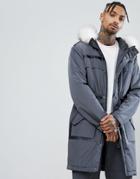 Asos Parka With Faux Fur Trim In Gray