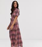 Lost Ink Midi Shirt Dress In Check - Red
