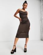 Parisian Satin Cami Strap Midi Dress With Cowl Neck In Chocolate Brown