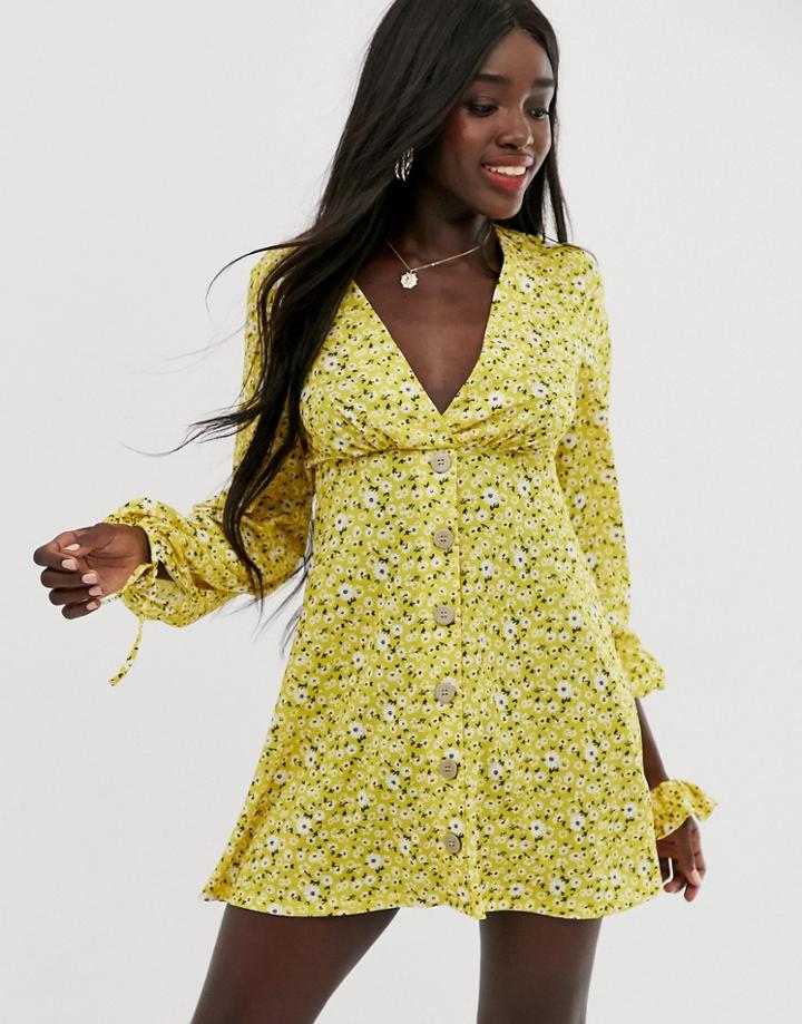 Asos Design Mini Textured Ditsy Print Tea Dress With Tie Cuff And Matching Scrunchie - Multi