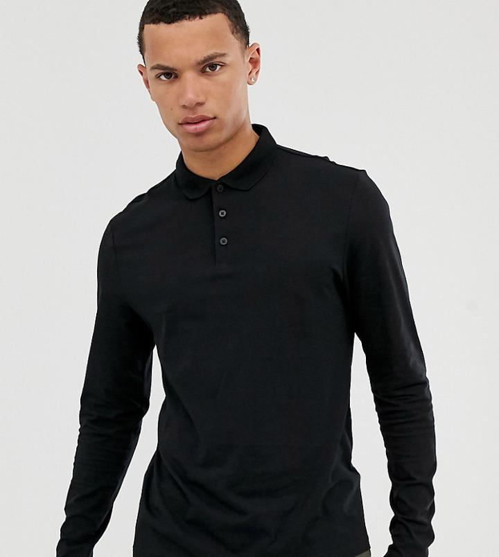 Asos Design Tall Organic Long Sleeve Jersey Polo In Black
